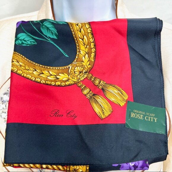 Rose City Accessories - New with Tag On ROSE CITY 100% Silk Satin Lg 34" Black Red Green Gold Floral (14